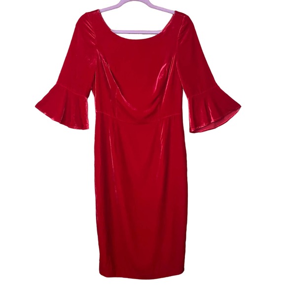 Boden Aubrey Red Silk Blend 3/4 Fluted Sleeve Velvet Sheath Dress Size 4 - Picture 1 of 10